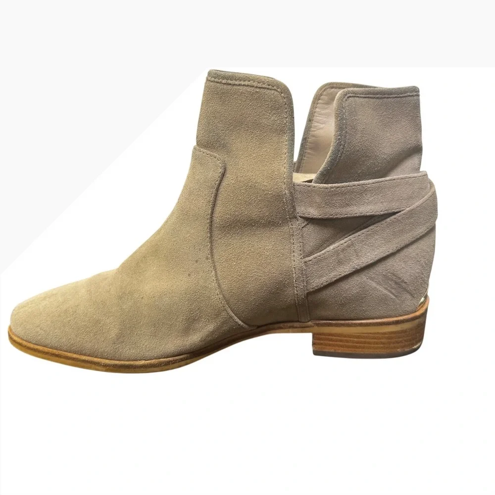 Michael Kors Taupe Suede Ankle Boots Buckle Strap Low Heel Booties Womens 8M
